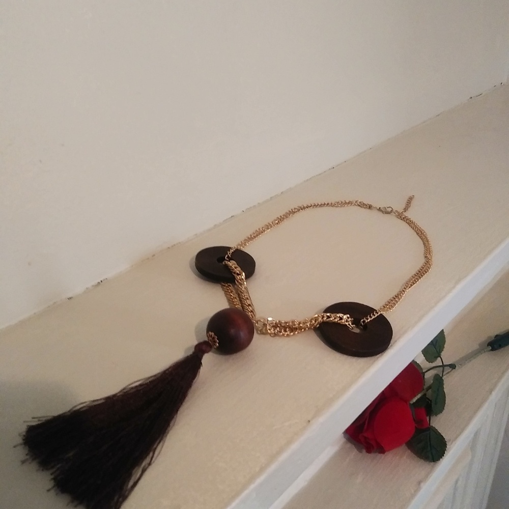 4/$24 Wood and gold color tassel necklace